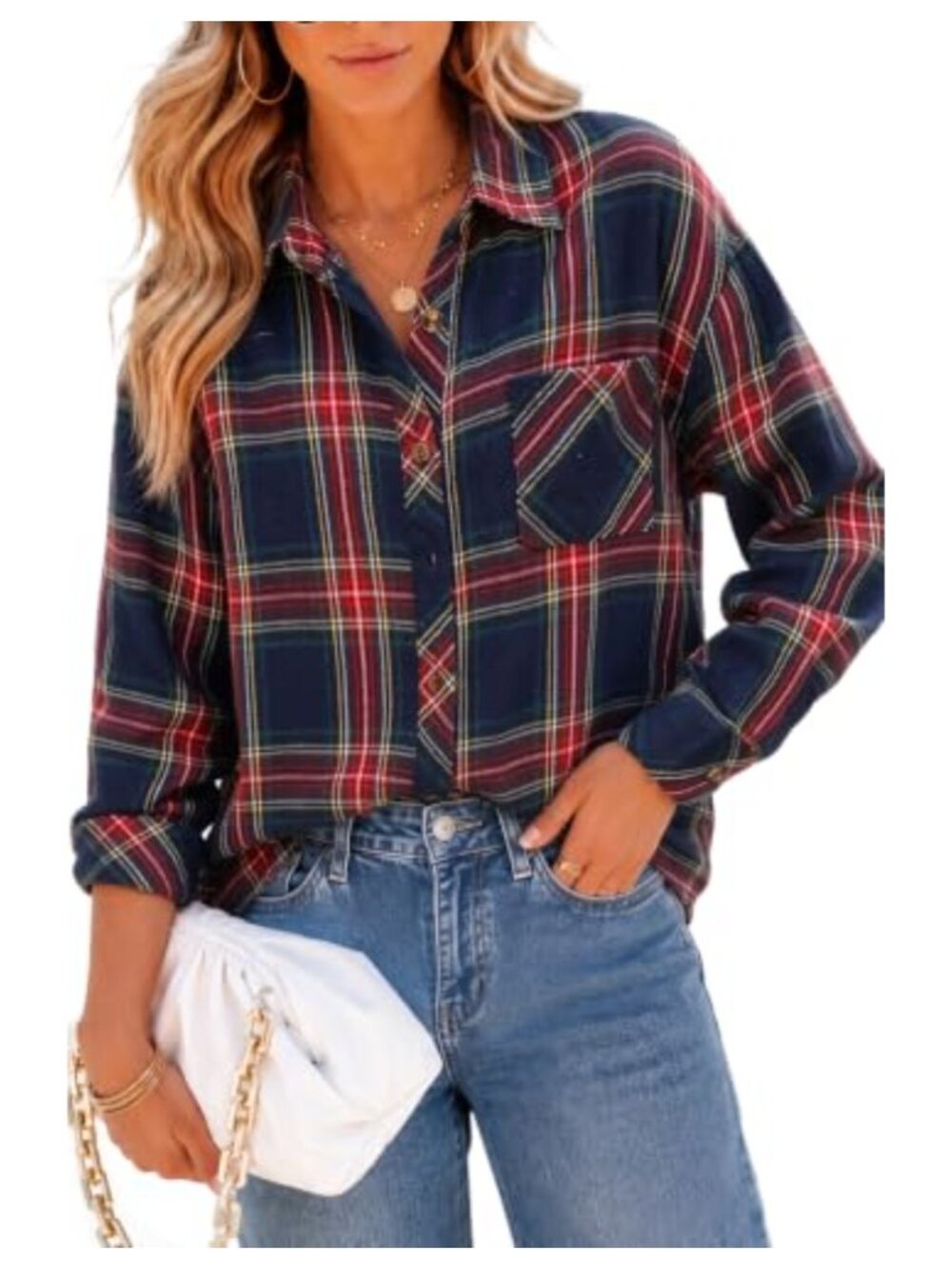 Oversized Flannel Shirt Button Down Plaid Long Sleeve Business Casual Top